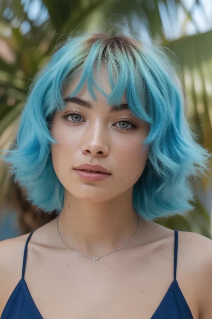 Aqua Blue Wolf Cut With Colored Bangs