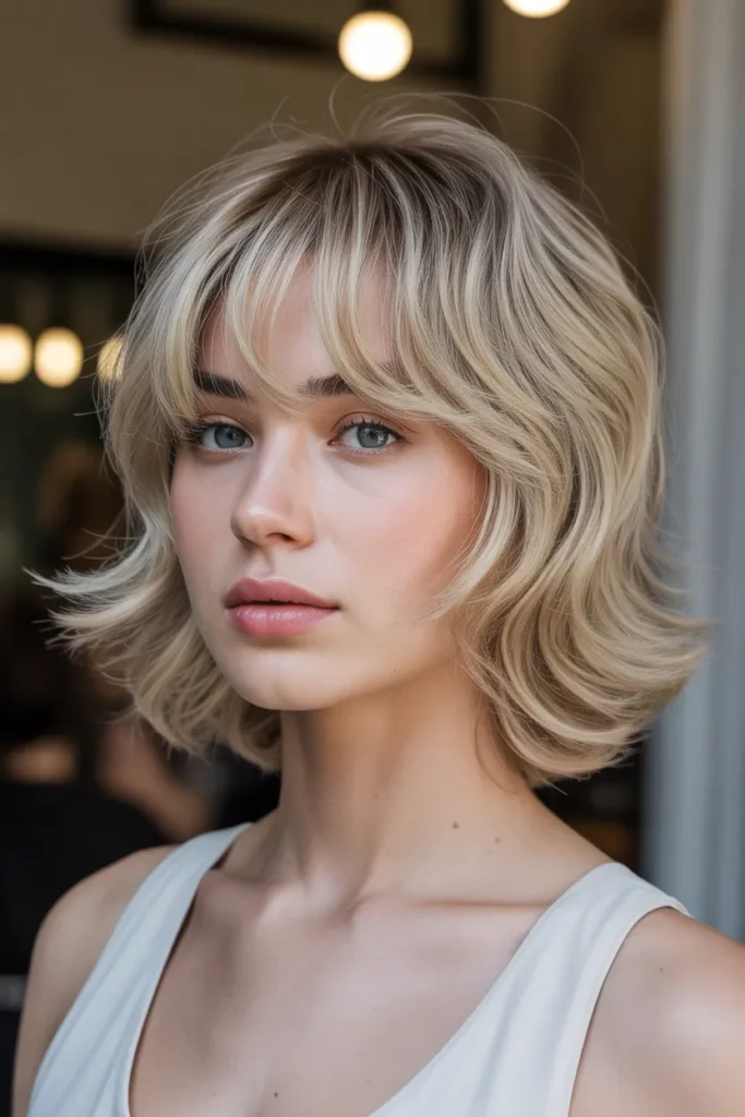 Ash Blonde Wavy Wolf Cut With Bangs