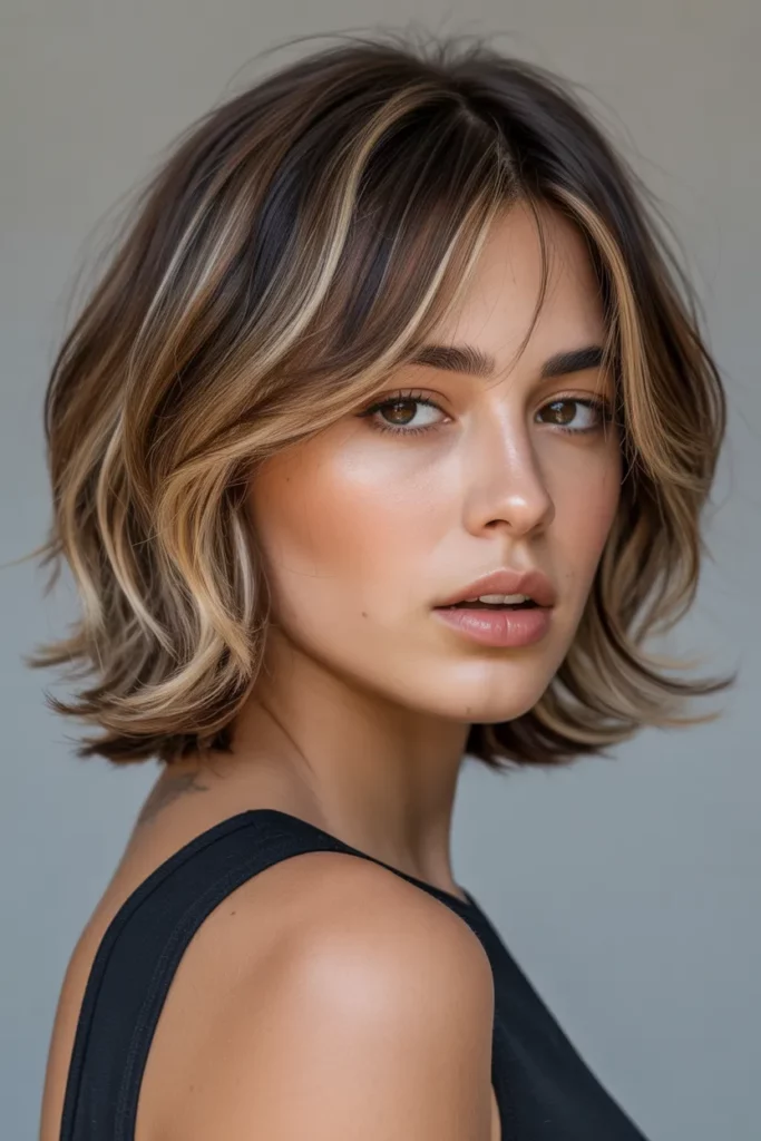 Balayage Short Wolf Cut With Curtain Bangs