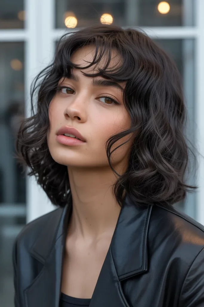 Black Wavy Wolf Cut With Bangs