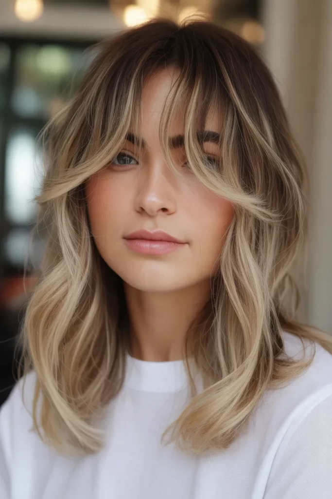 Blonde Balayage Wolf Cut With Curtain Bangs