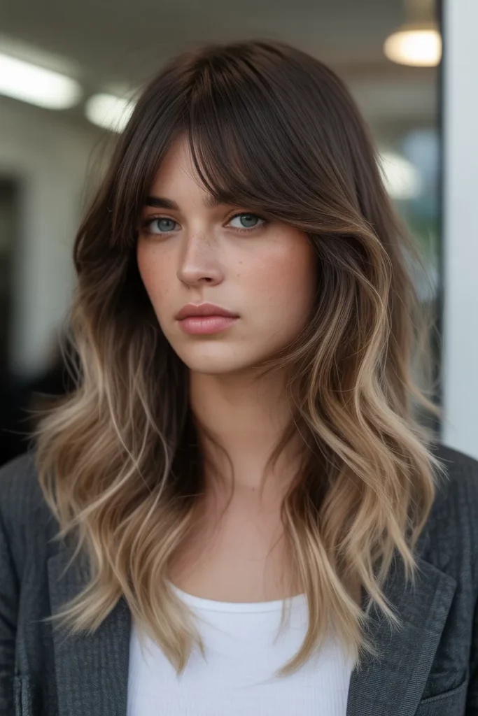 Brunette Ombre Wolf Cut With Curtain Bangs