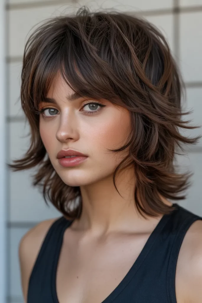Brunette Shaggy Wolf Cut With Bangs