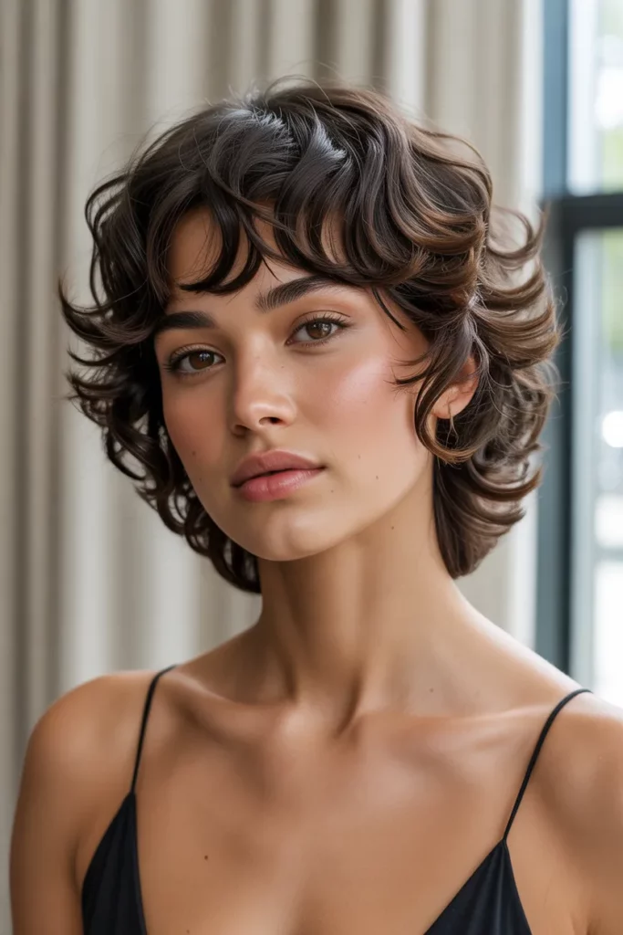 Brunette Short Wolf Cut With Curtain Bangs