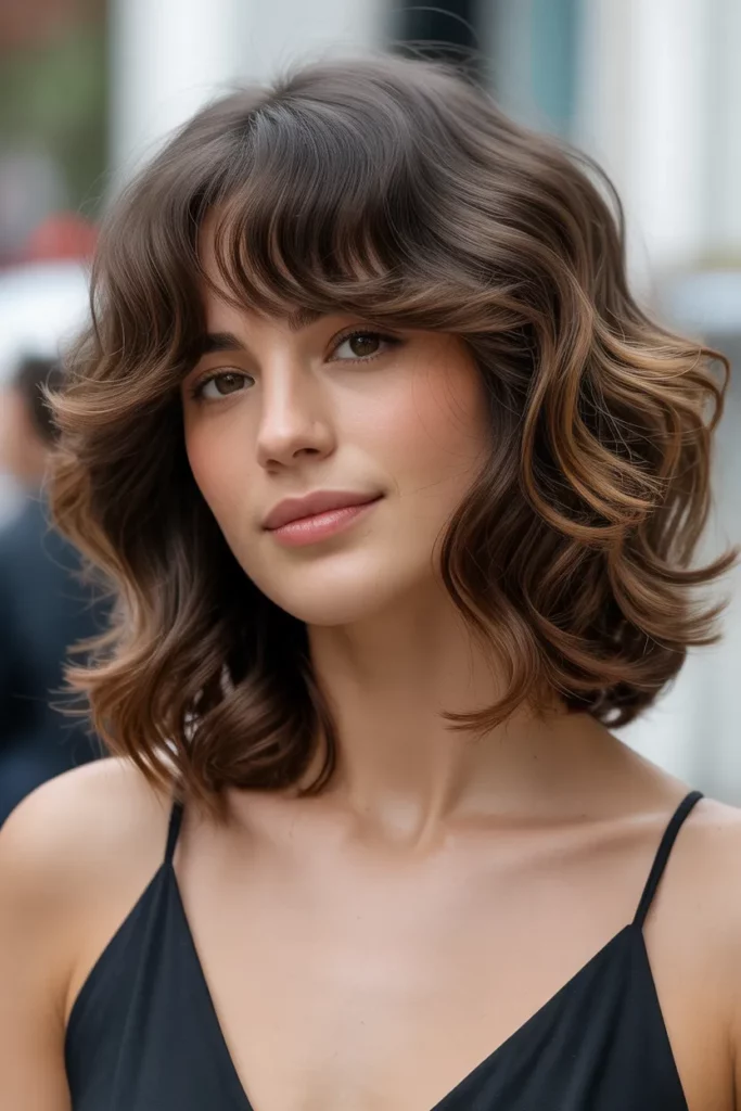 Brunette Wavy Wolf Cut With Bangs