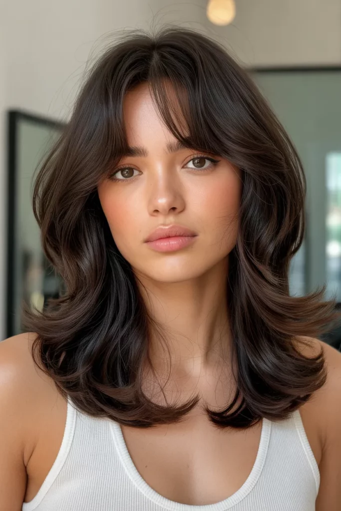 Chocolate Brown Wavy Wolf Cut With Curtain Bangs