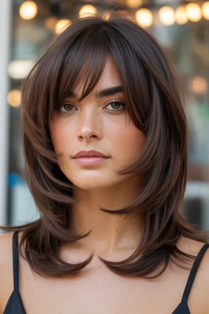 Chocolate Brown Wolf Cut With Curtain Bangs