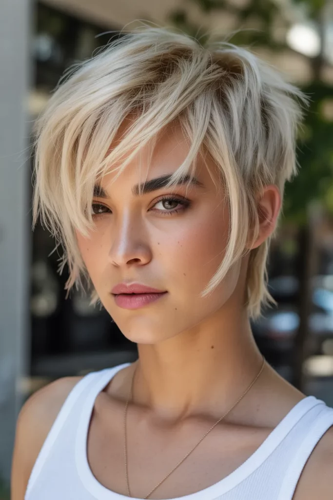 Choppy Blonde Wolf Cut With Side Bangs