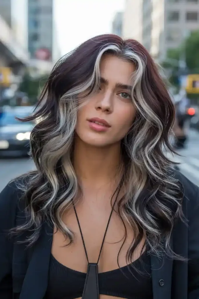 Chunky Silver Highlights on Dark Brown Hair