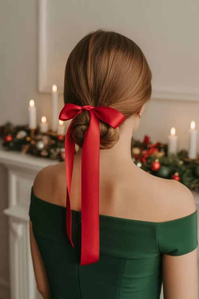 Classic Low Bun With Red Ribbon