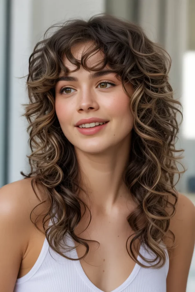 Curly Long Wolf Cut With Curtain Bangs