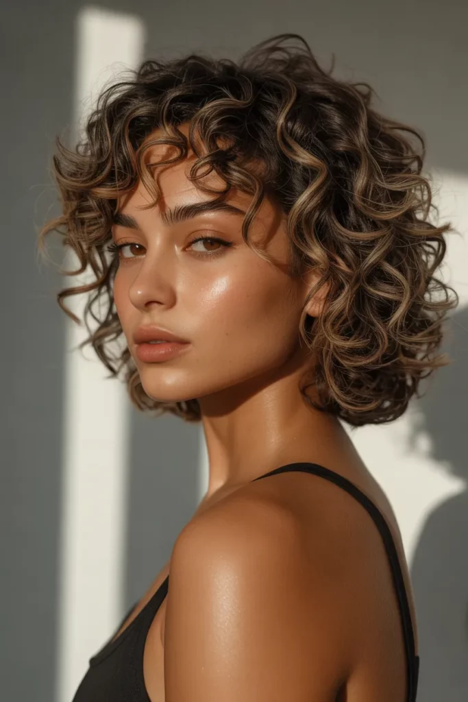 Curly Short Wolf Cut With Curtain Bangs