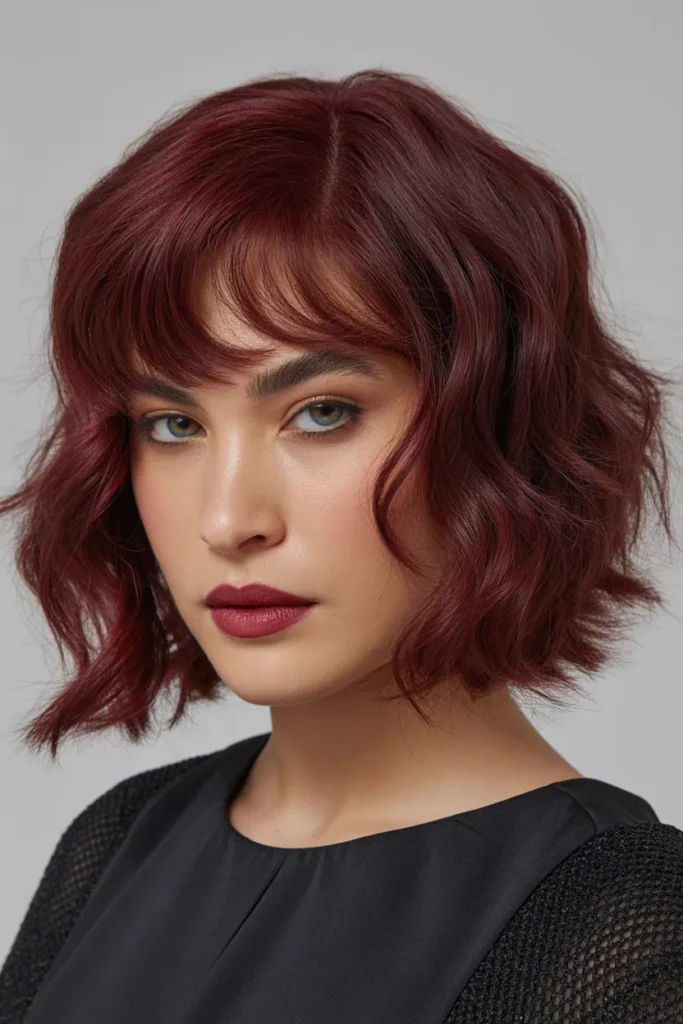 Deep Burgundy Wolf Cut With Colored Bangs