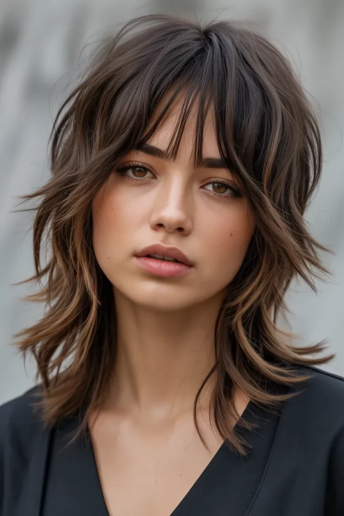 Edgy Long Wolf Cut With Curtain Bangs