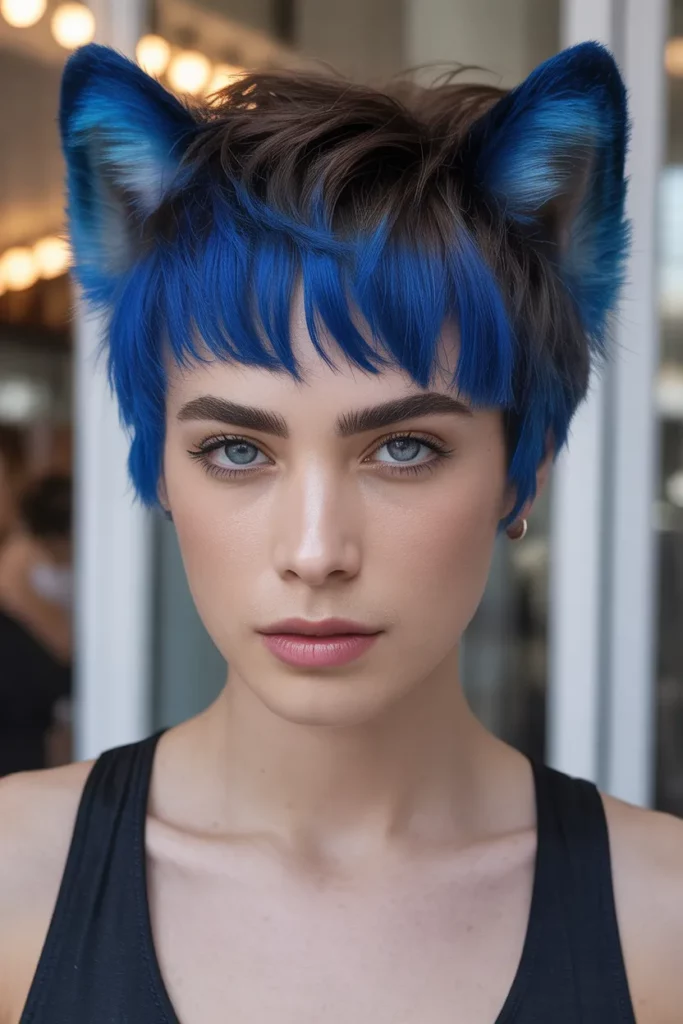 Electric Blue Wolf Cut With Colored Bangs