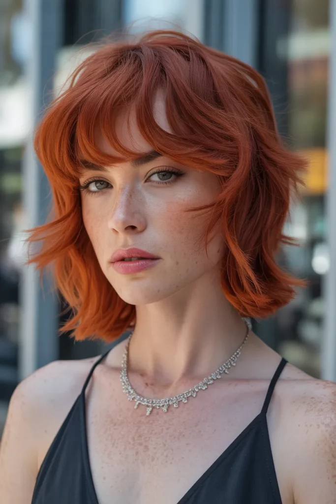 Fiery Red Wolf Cut With Curtain Bangs