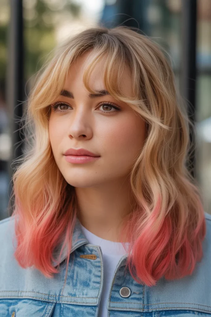 Honey Blonde Wolf Cut With Colored Bangs