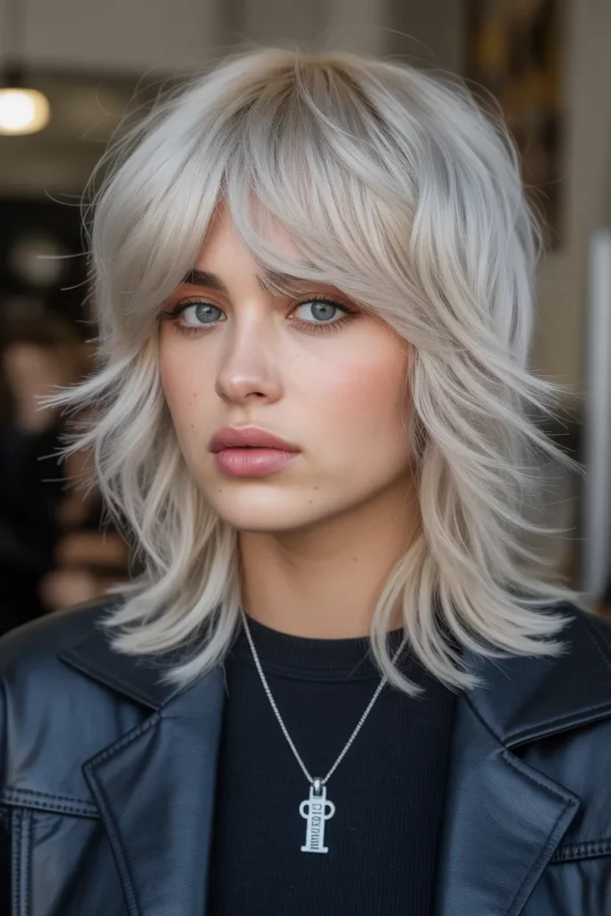 Icy Blonde Wolf Cut With Curtain Bangs