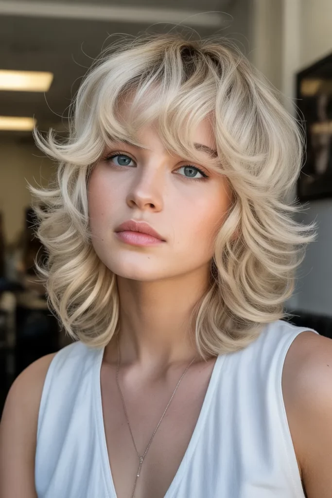 Layered Blonde Wavy Wolf Cut With Bangs
