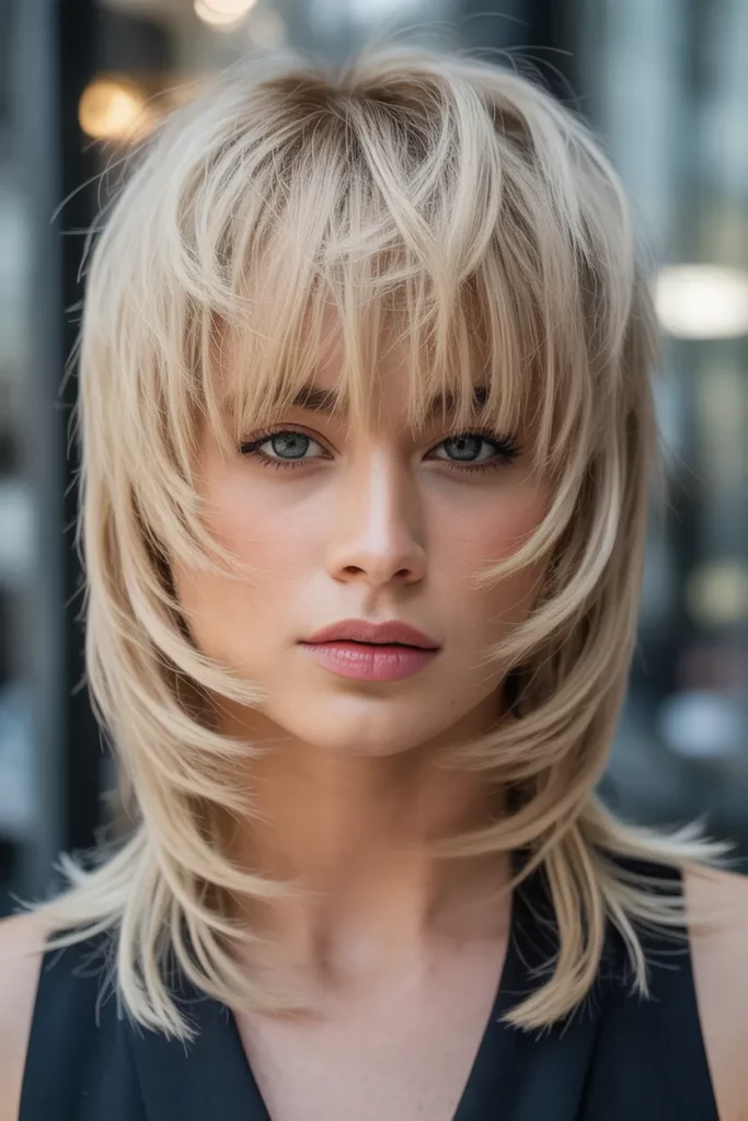 Layered Blonde Wolf Cut With Blunt Bangs