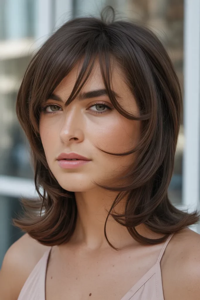 Layered Brown Wolf Cut With Curtain Bangs