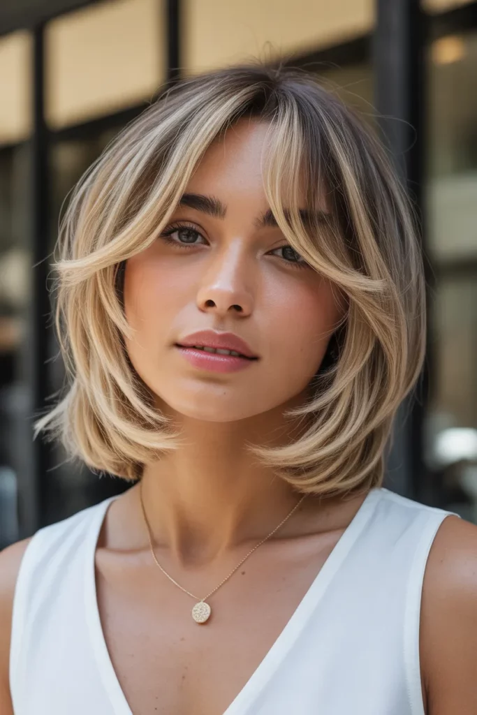 Layered Lob Wolf Cut With Blonde Bangs