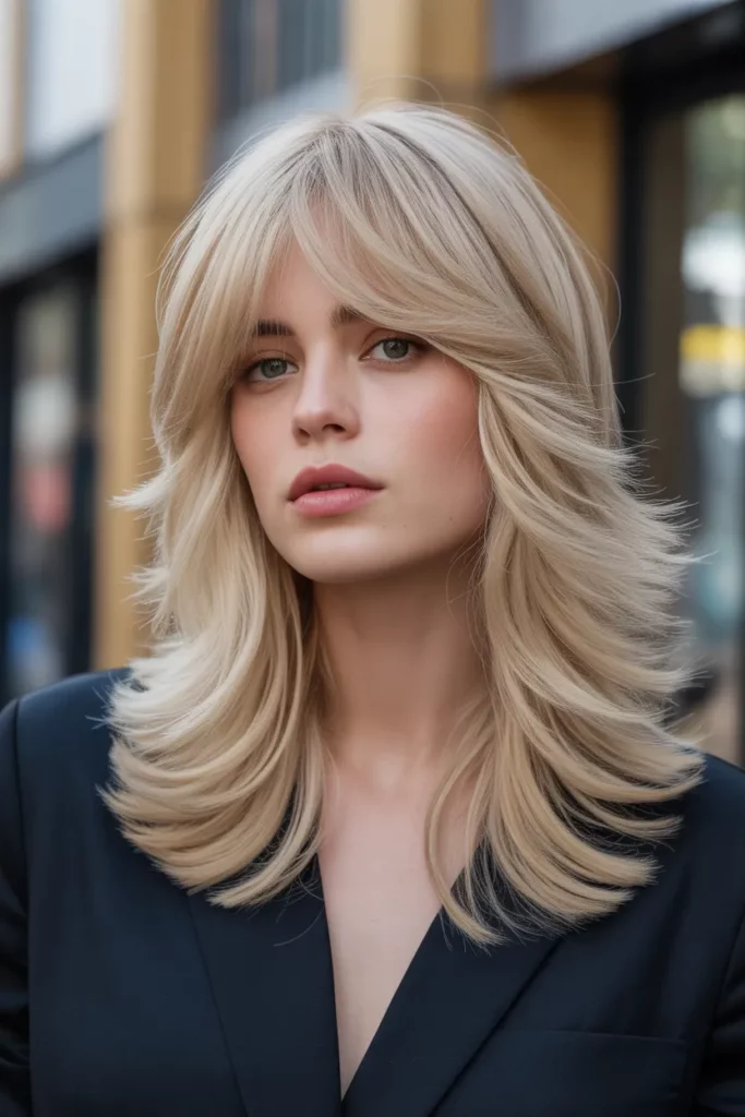 Long Layered Blonde Wolf Cut With Bangs