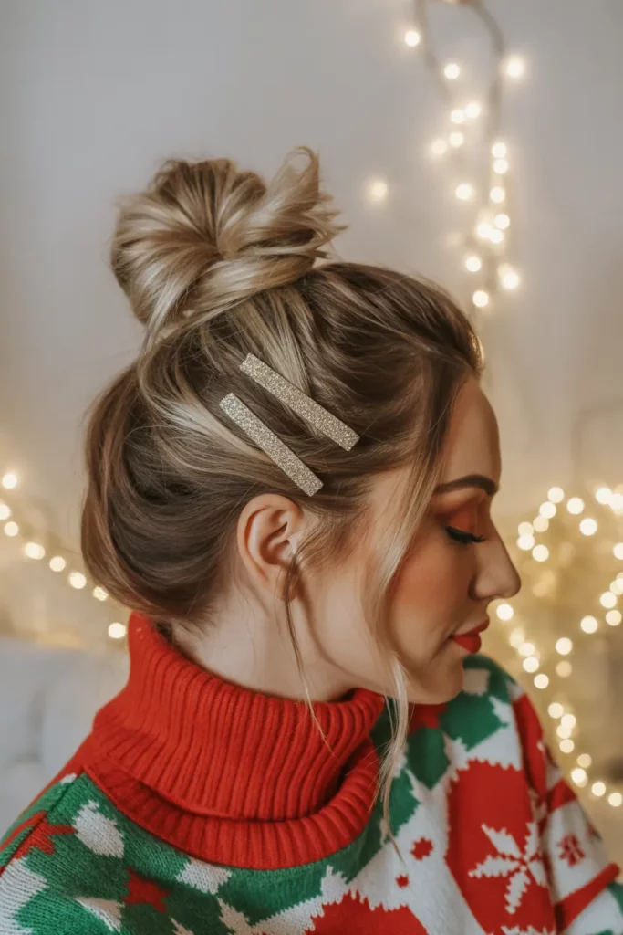 Messy Top Knot With Holiday Pins
