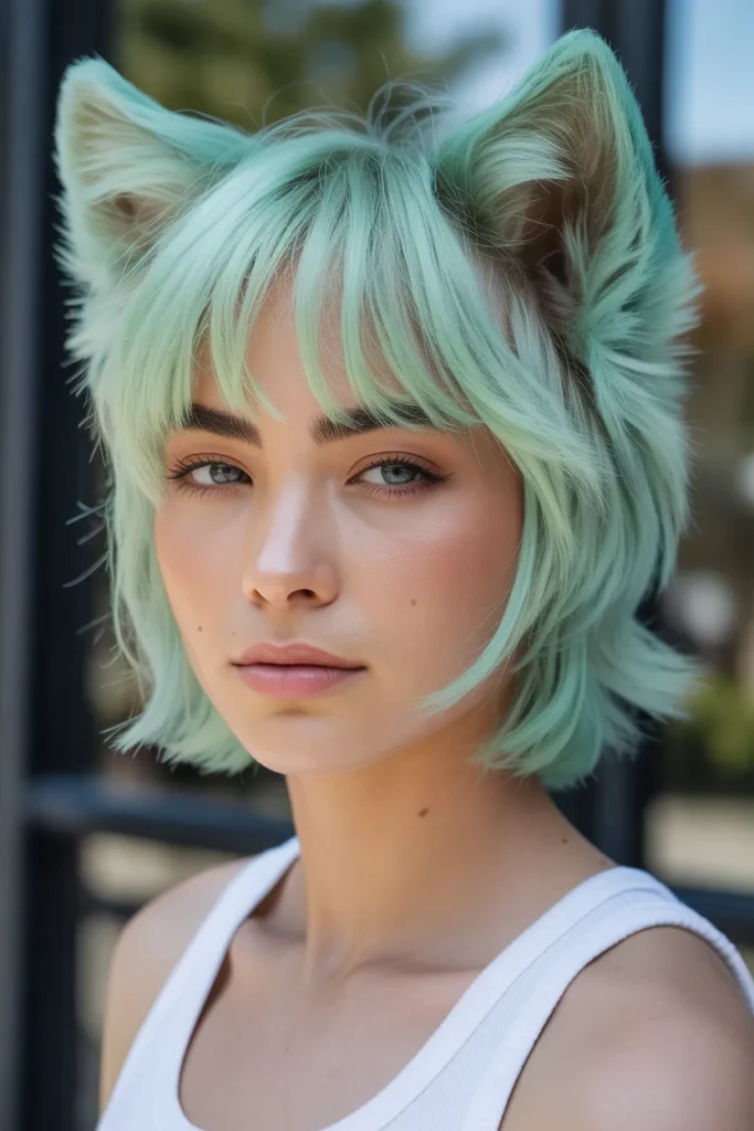 Mint Green Wolf Cut With Colored Bangs