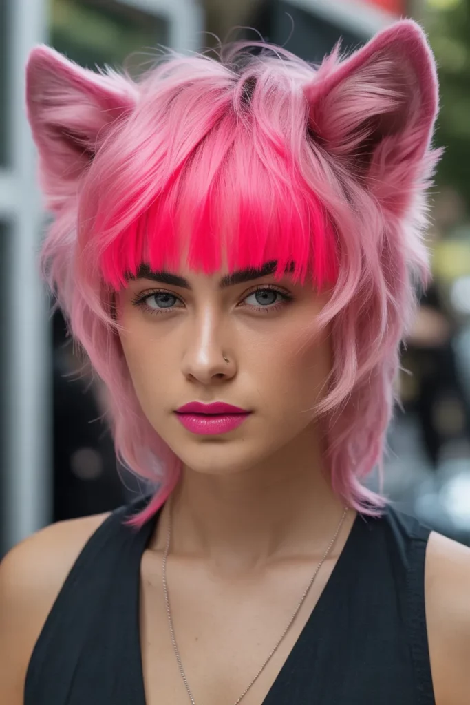Neon Pink Wolf Cut With Colored Bangs