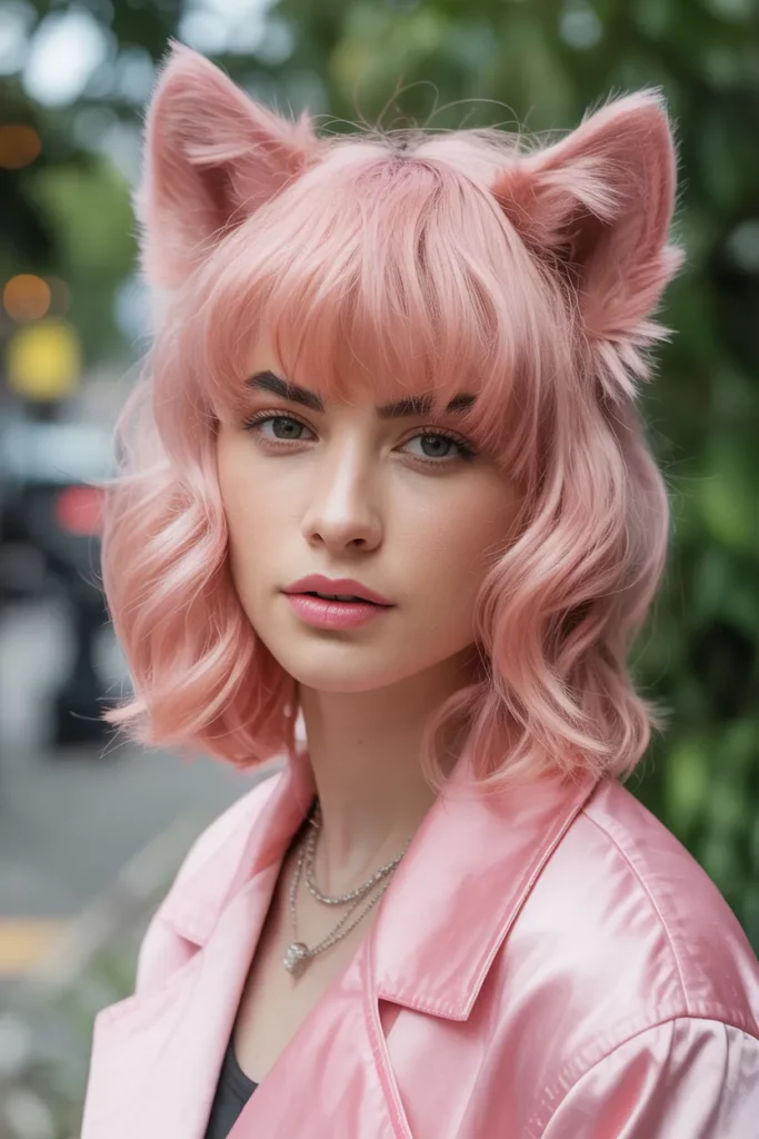 Pastel Pink Wolf Cut With Colored Bangs