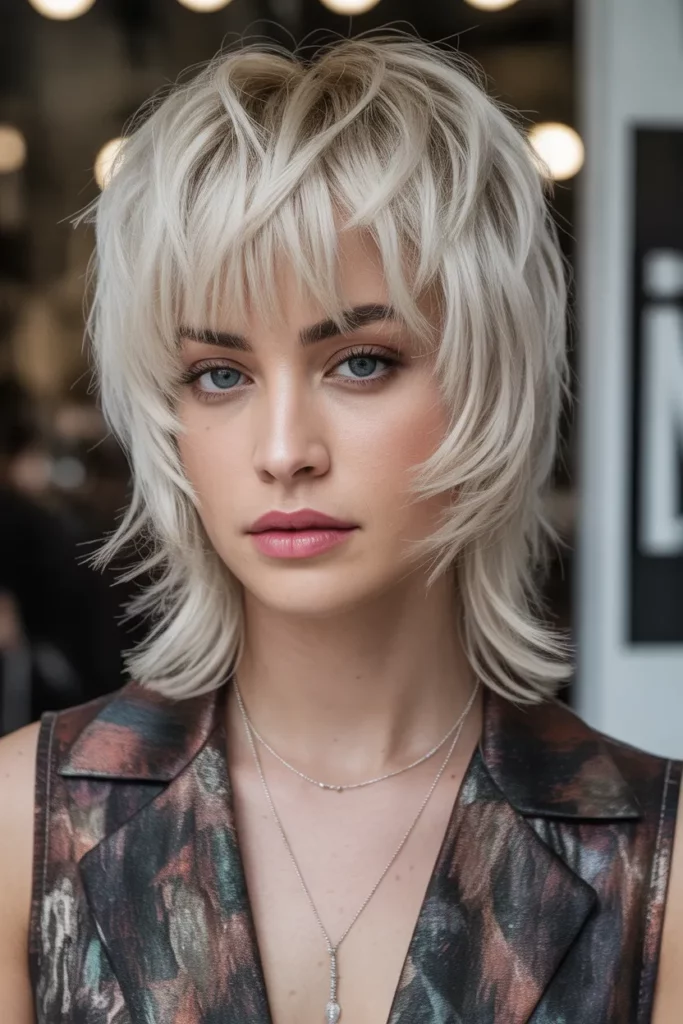 Platinum Blonde Shaggy Wolf Cut With Bangs