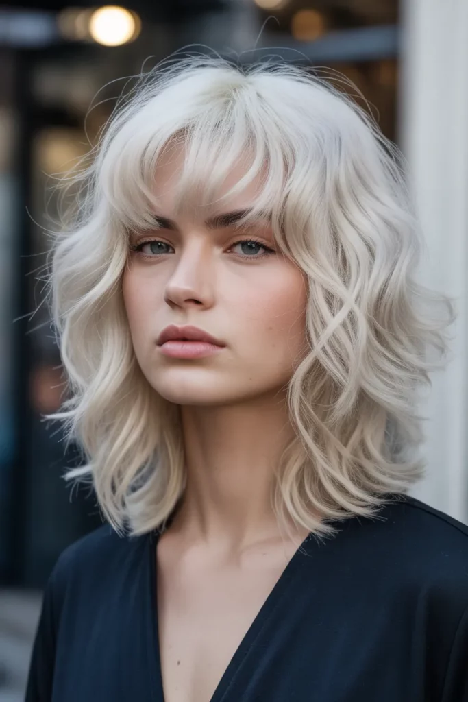 Platinum Blonde Wavy Wolf Cut With Bangs