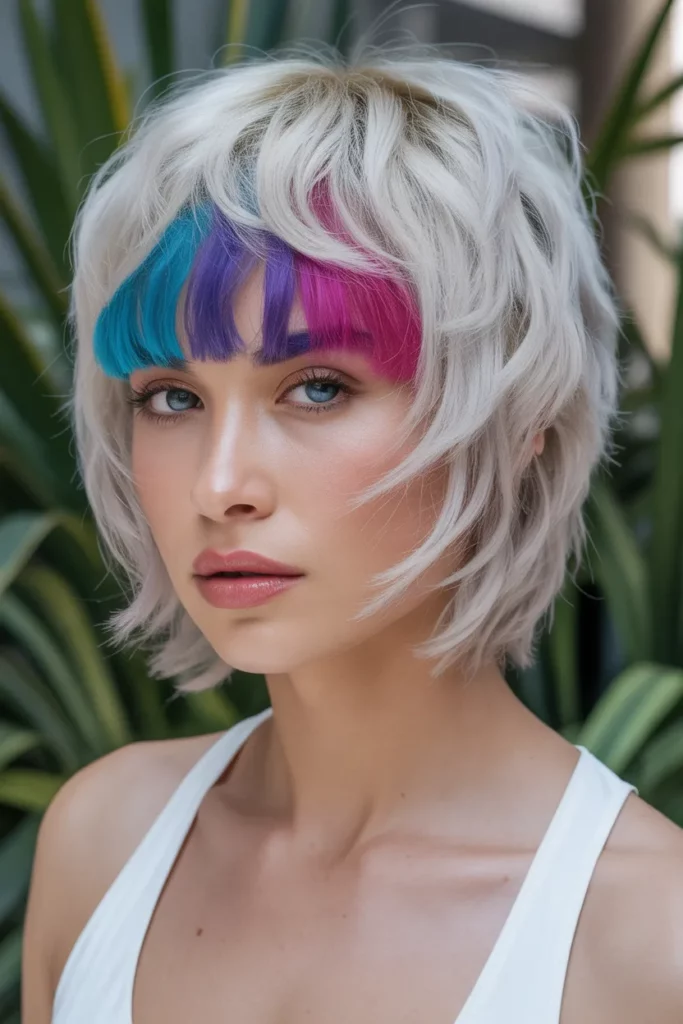 Platinum Blonde Wolf Cut With Colored Bangs