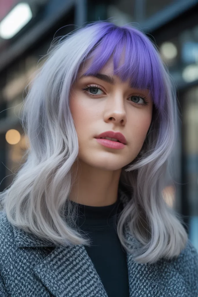 Platinum Purple Wolf Cut With Colored Bangs
