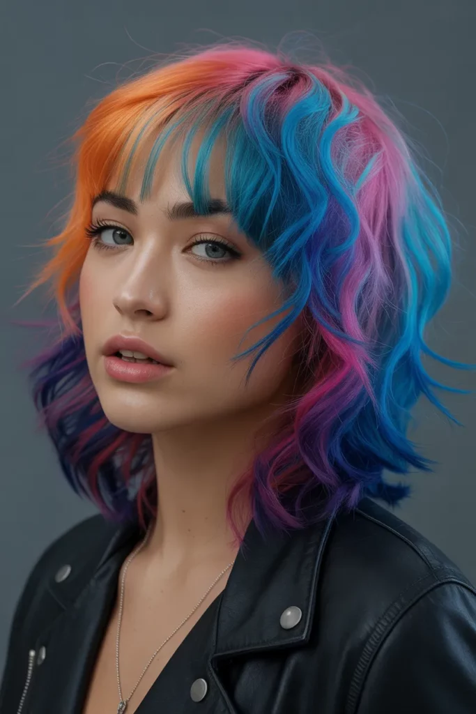 Rainbow Wolf Cut With Colored Bangs