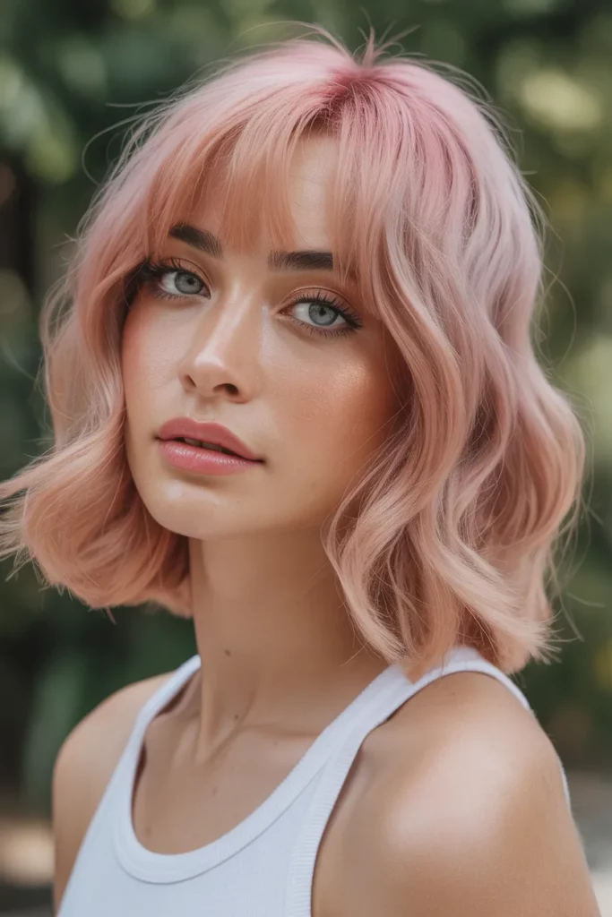 Rose Gold Wolf Cut With Colored Bangs