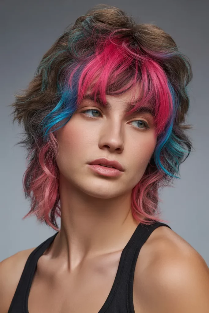 Shaggy Wolf Cut With Bangs And Color Streaks