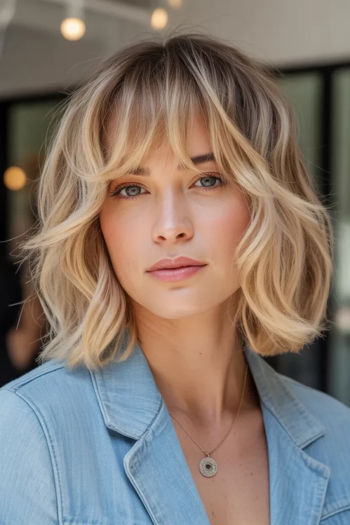 Shoulder-Length Blonde Wolf Cut With Bangs