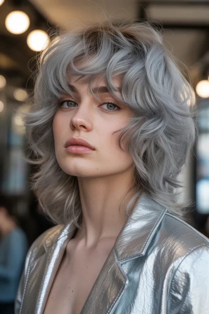 Silver Wavy Wolf Cut With Bangs