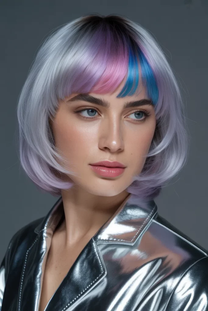 Silver Wolf Cut With Colored Bangs