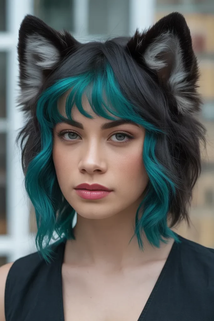 Teal and Black Wolf Cut With Colored Bangs