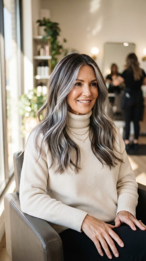 Soft Silver Balayage For Brunettes