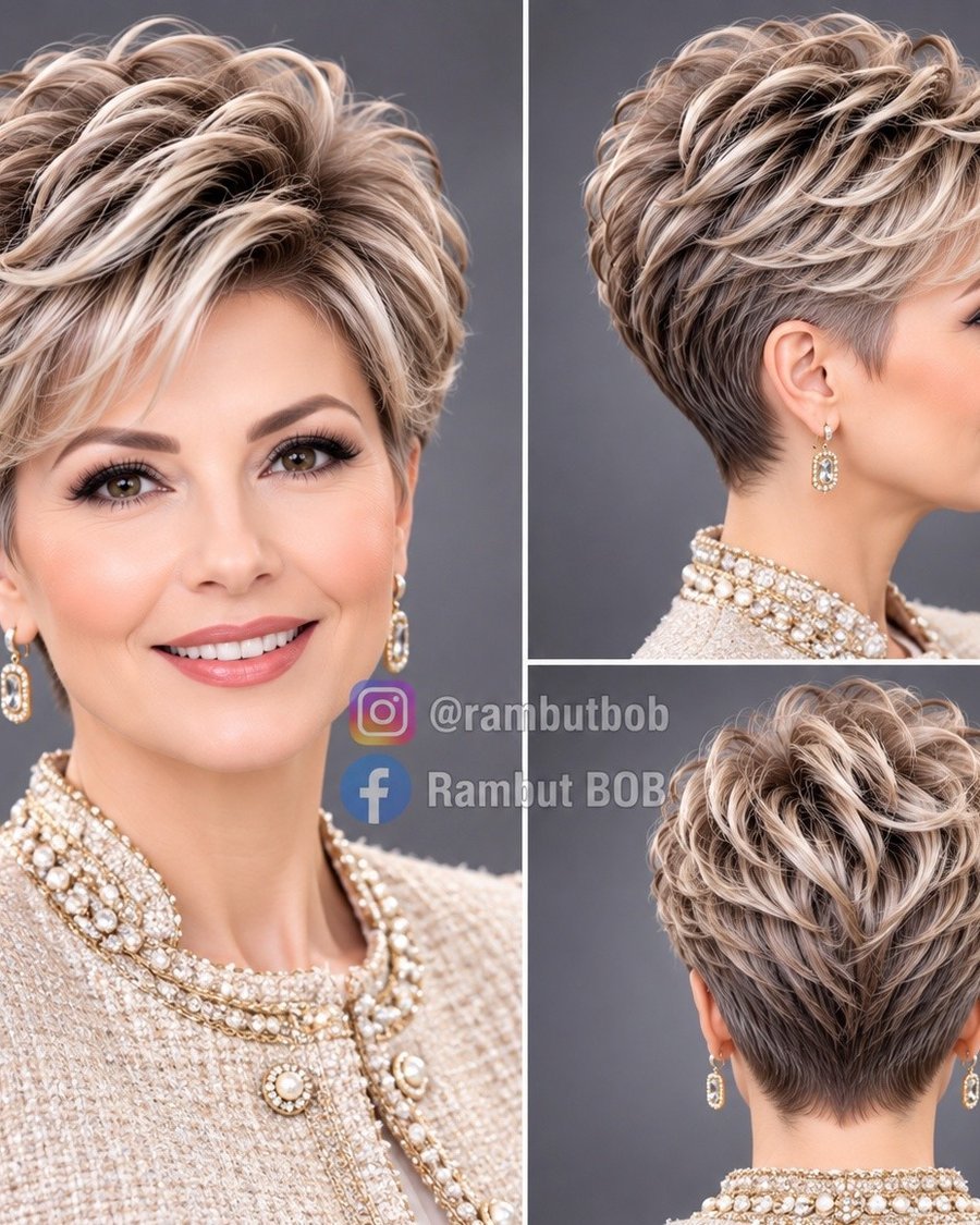 Classic textured long pixie cut with blonde highlights on smiling woman