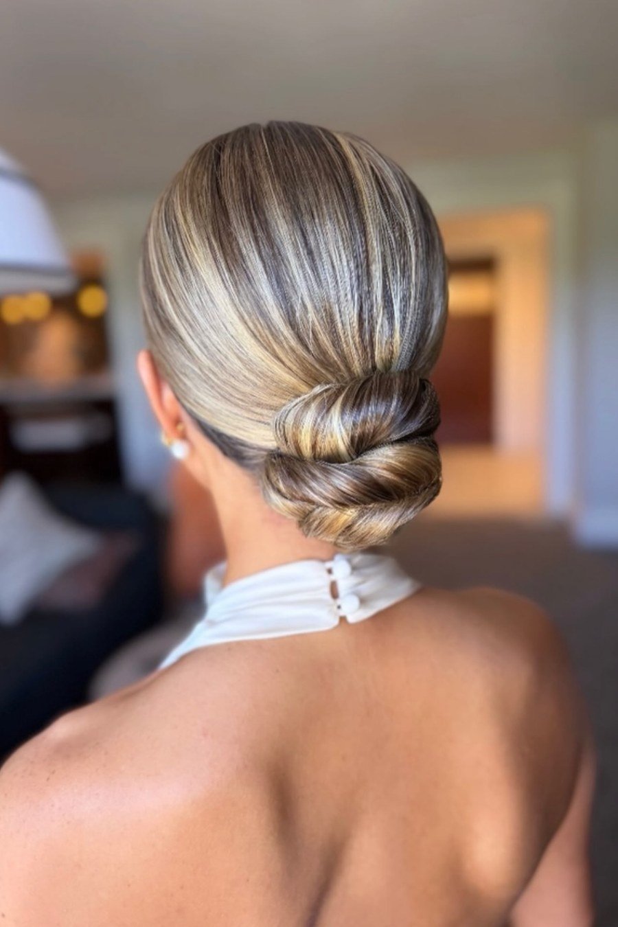 Classic Low Chignon — easy updo for wedding guest hairstyle
