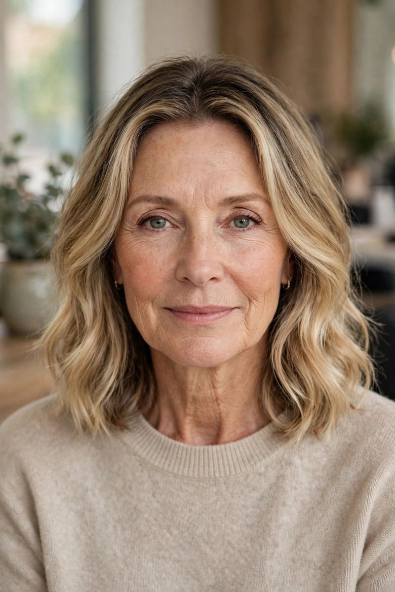 Blonde hair color idea for women over 50: Dark Blonde Root Melt