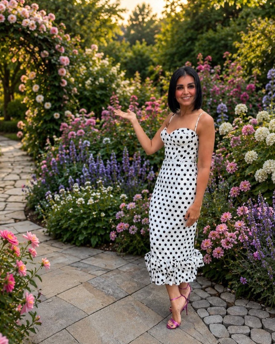 Smiling woman in garden at golden hour with sleek shoulder-length blunt bob