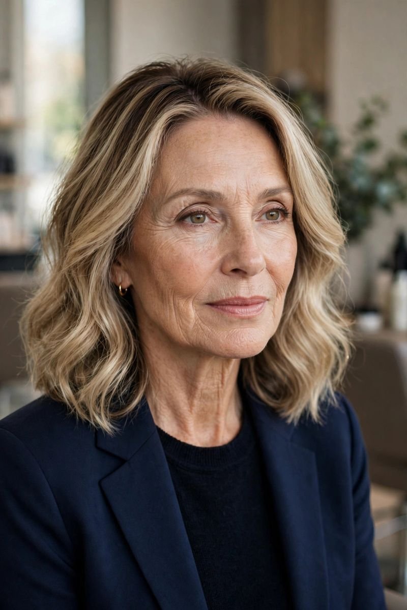 Blonde hair color idea for women over 50: Shadow-Root Champagne Blonde