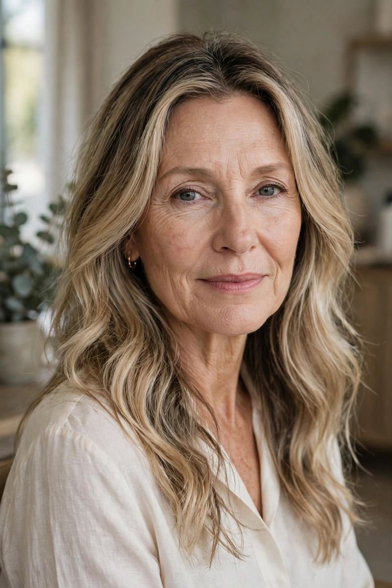Blonde hair color idea for women over 50: Grown-Out Balayage Blonde