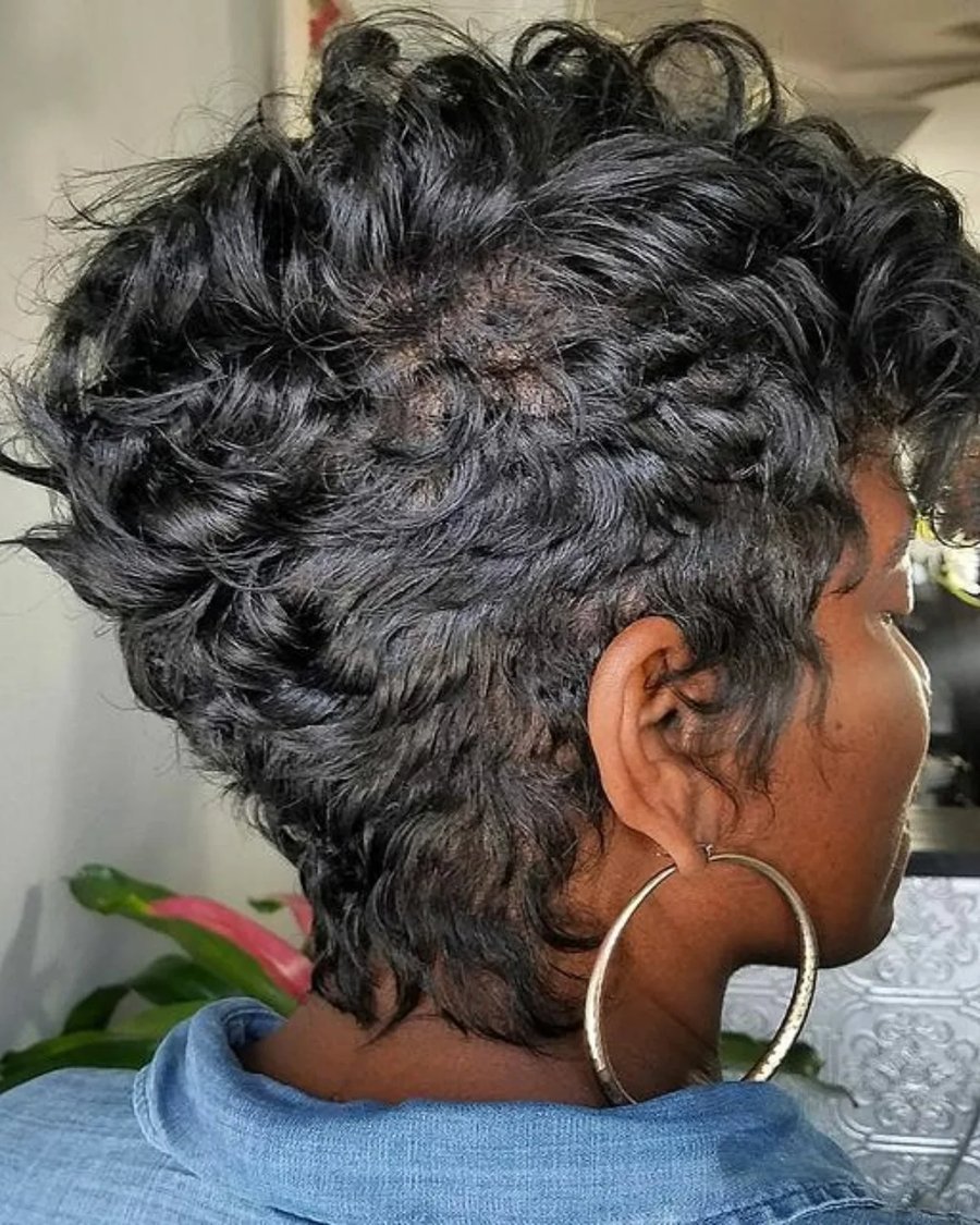 Curly long pixie on Black woman